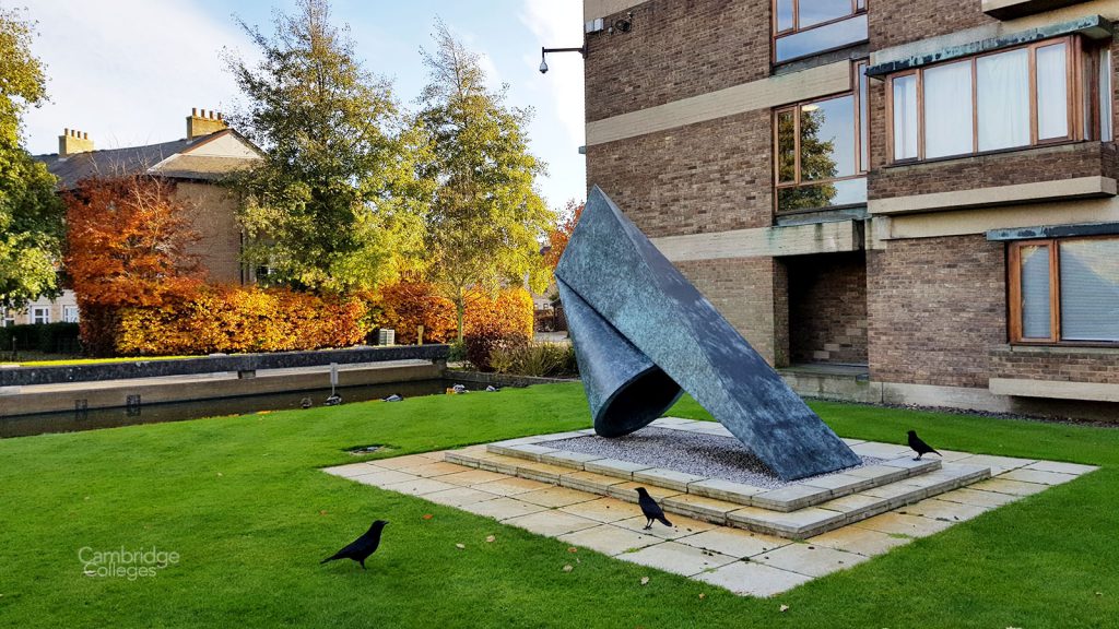 A sculpture outside the main entrance of Churchill college, Cambridge
