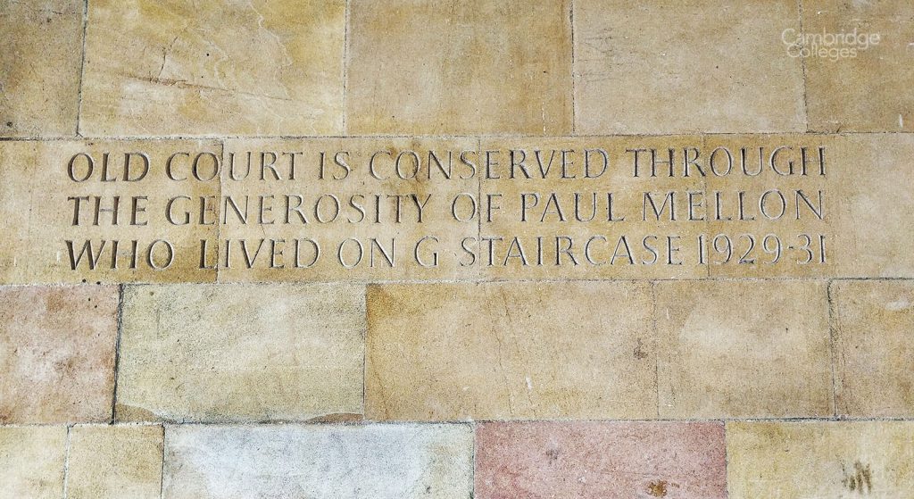 Paul Mellon inscription on the wall of Clare College old court
