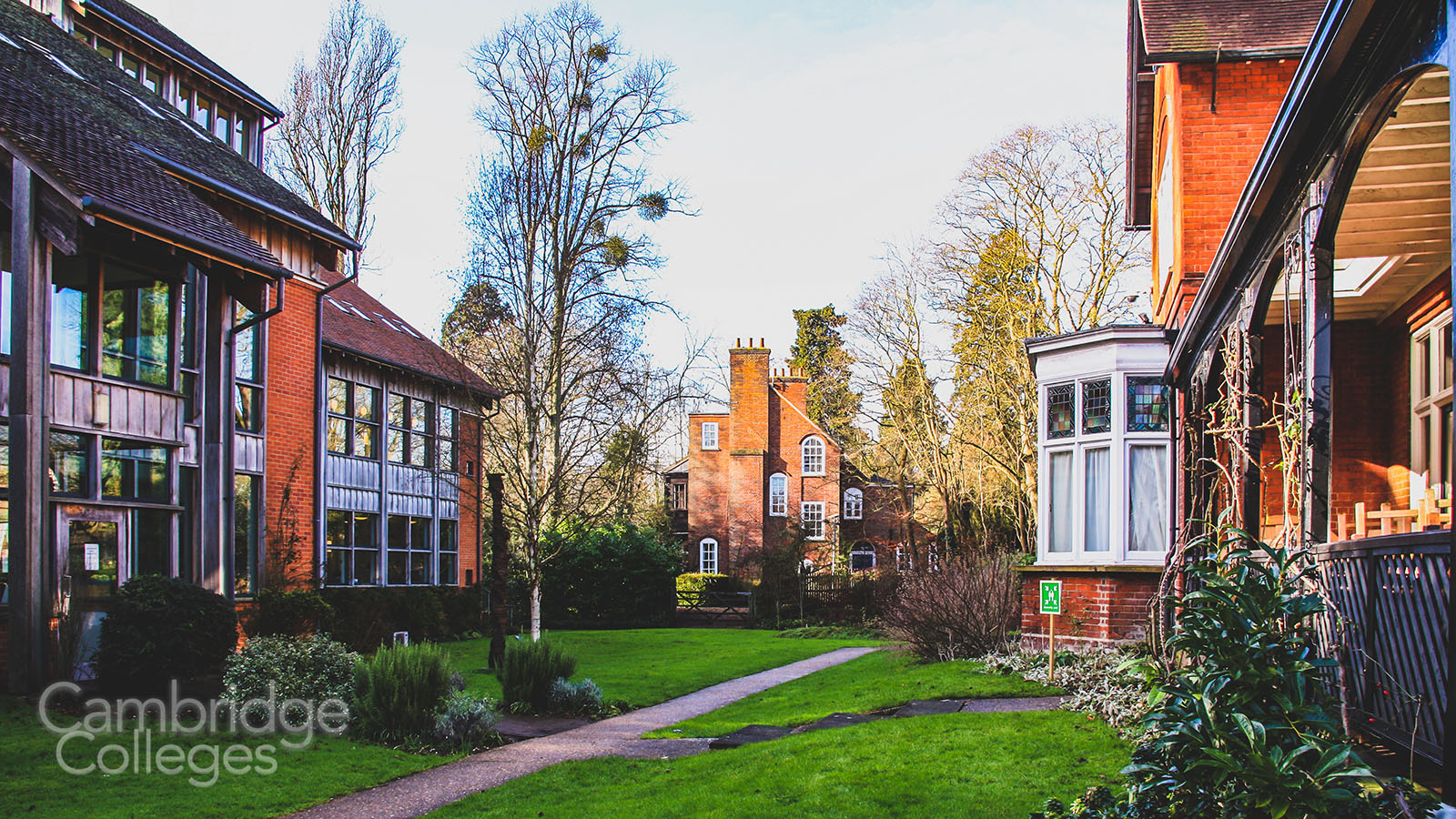 The grounds of Lucy Cavendish college, with library on the left