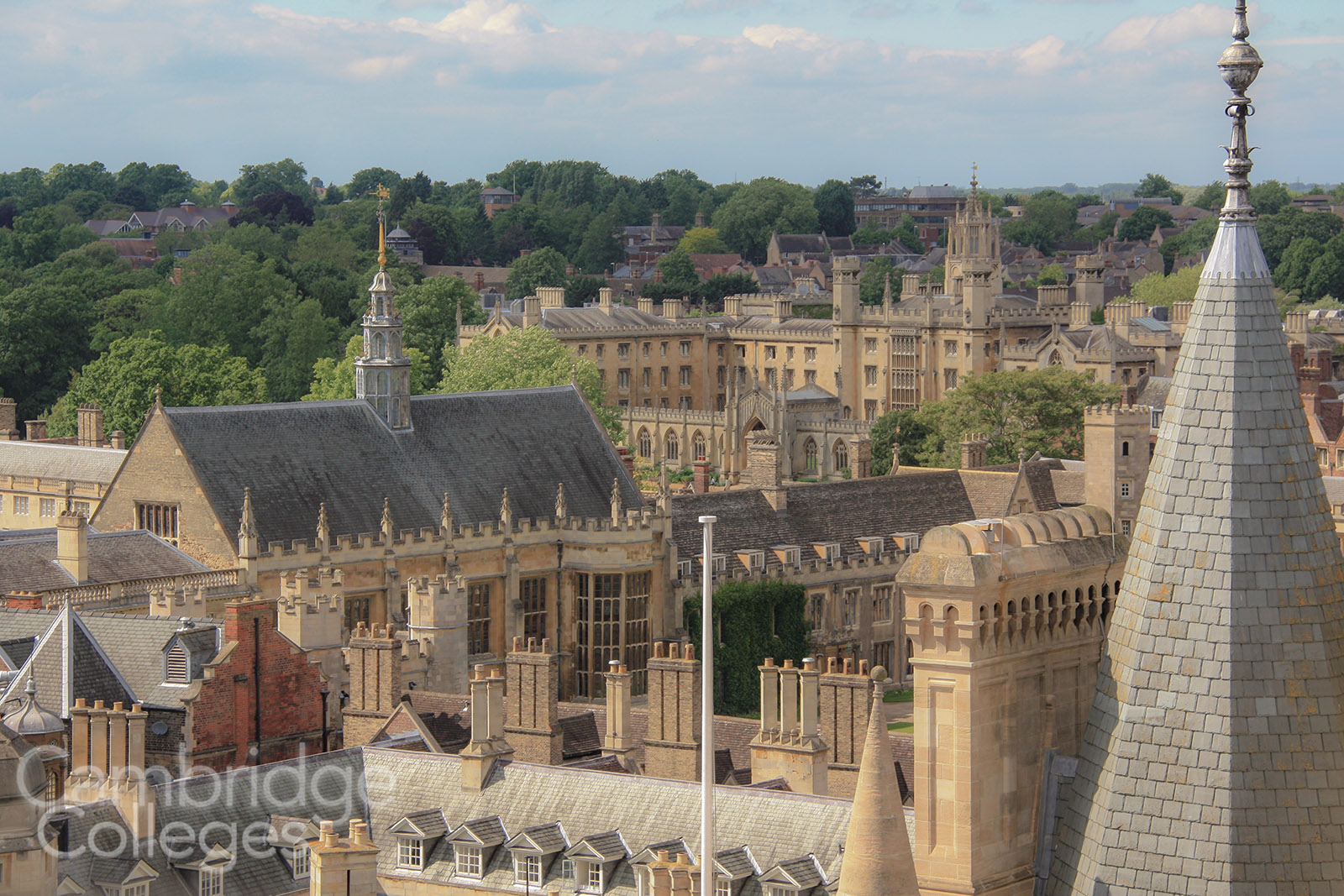 Looking out over Cambridge's city centre colleges from the tower of the University church, Great St Mary's