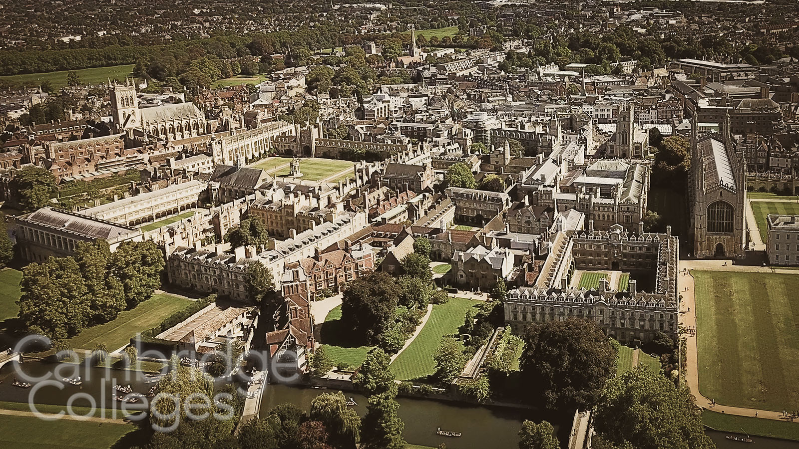 Aerial view of Cambridge city centre, showing a number of the colleges